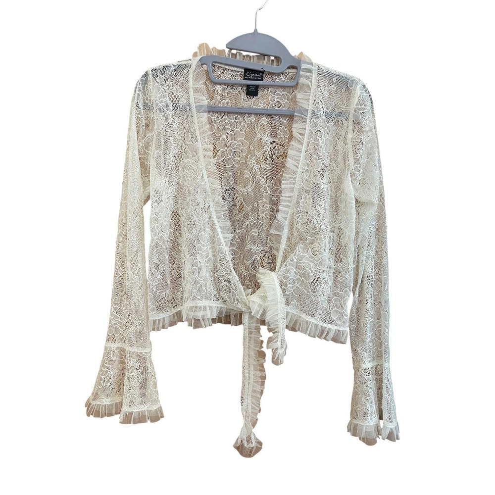 Cejon Floral Lace Wrap Long Bell Sleeves Ruffle Trim Cream Lg Romantic Fairycore